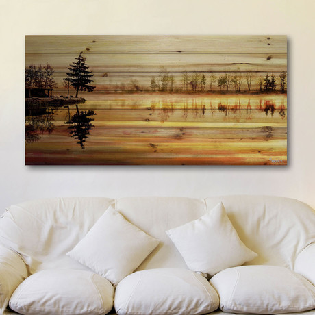 Pine Tree on Lake Painting Print // Natural Pine Wood (24"W x 12"H x 1.5"D)