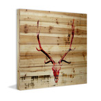 Angry Red Antlers Painting Print // Natural Pine Wood (18"W x 18"H x 1.5"D)