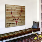 Angry Red Antlers Painting Print // Natural Pine Wood (18"W x 18"H x 1.5"D)