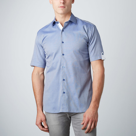 Micro Diamond Short-Sleeve Button-Up Shirt Shirt // Blue (XS)