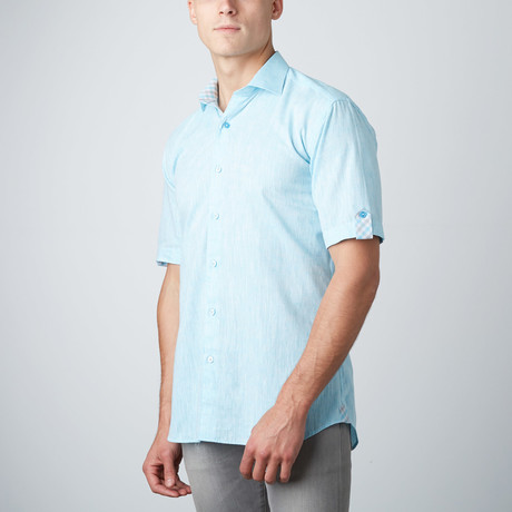 Linen Texture Short-Sleeve Button-Up Shirt // Turquoise (XS)