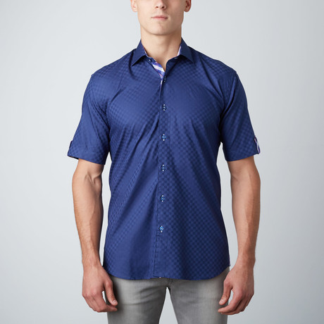 Checker Sheen Short-Sleeve Button-Up Shirt // Navy (XS)