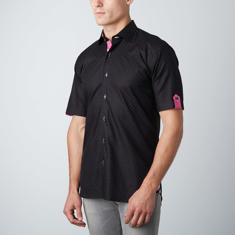 Checker Sheen Short-Sleeve Button-Up Shirt // Black (XS)