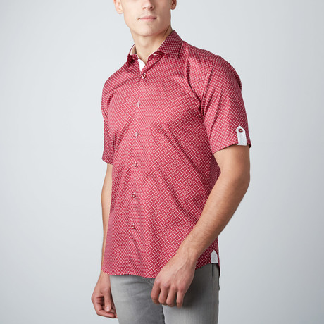Dot Grid Short-Sleeve Button-Up Shirt // Red (XS)