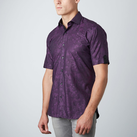 Floral Short-Sleeve Button-Up Shirt Shirt // Purple (XS)