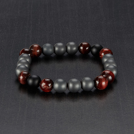 Beaded Stretch Bracelet // Red Tiger Eye + Onyx + Hematite