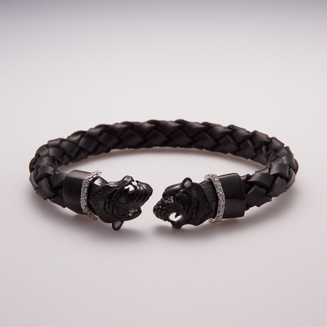Leather Stainless Steel CZ Panther Bracelet (Black + Black)