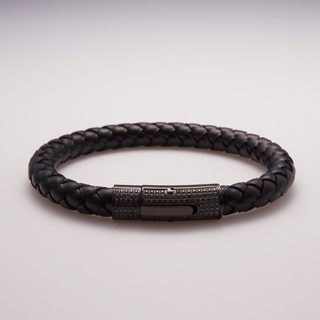 Leather Stainless Steel Pave CZ Bracelet (Black + Black)