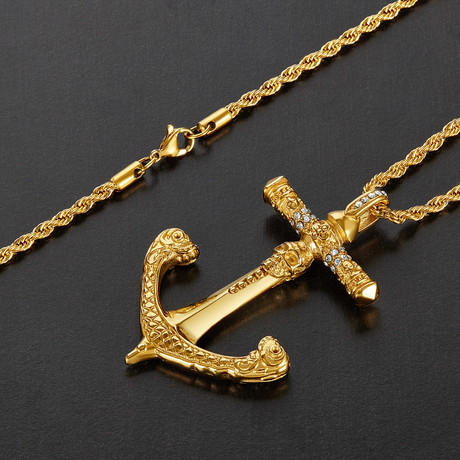 Antiqued Skull Anchor Pendant Necklace // Gold