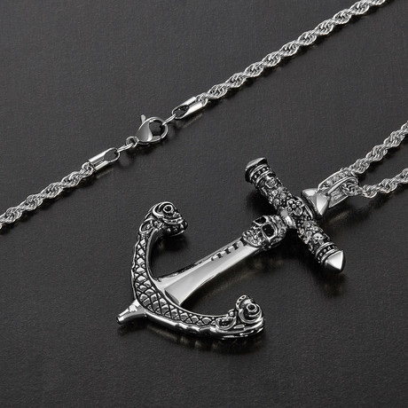 Antiqued Skull Anchor Pendant Necklace // Silver