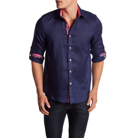Solid Linen Blend Long-Sleeve Shirt // Navy (S)