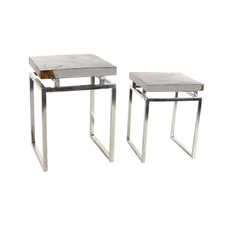 Aluminum Teak Resin Aluminum Framed Tables // Set of 2