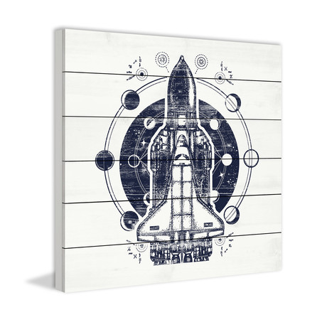 Blue Space Rocket // White Wood (18"W x 18"H x 1.5"D)