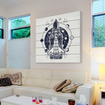 Blue Space Rocket // White Wood (18"W x 18"H x 1.5"D)