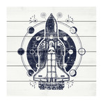 Blue Space Rocket // White Wood (18"W x 18"H x 1.5"D)