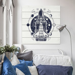 Blue Space Rocket // White Wood (18"W x 18"H x 1.5"D)