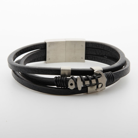 Dell Arte // Hook Charm Leather Wrap Bracelet // Black + Silver