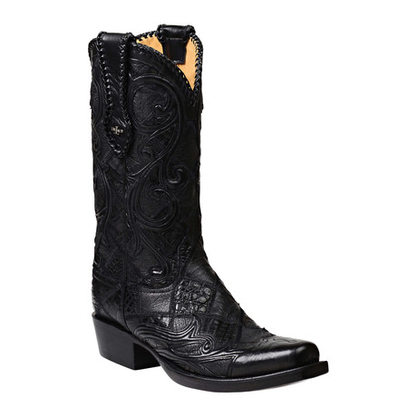 Ultra Belly Caiman Crocodile + Smooth Ostrich Patchwork Western Style Boot (US: 7)