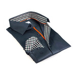 Solid Button-Up Shirt // Charcoal + Green Gingham (L)