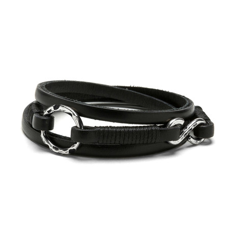 Leather Wrap Bracelet + Hammered Sterling Ring // Black (Small)