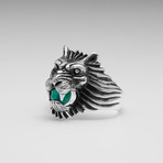 Sterling Silver Lions Roar CZ Ring // Silver + Green (Size: 8)