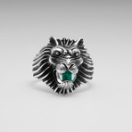 Sterling Silver Lions Roar CZ Ring // Silver + Green (Size: 8)