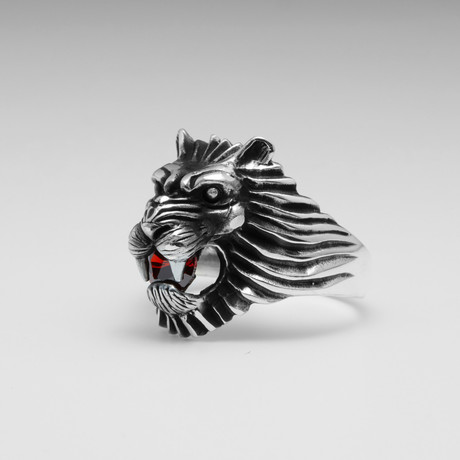 Sterling Silver Lions Roar CZ Ring // Silver + Red (Size: 8)