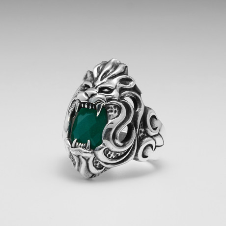 Sterling Silver Lions Grab Fancy CZ Lion Ring // Silver + Green (Size: 8)