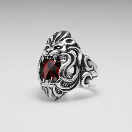 Sterling Silver Lions Grab Fancy CZ Lion Ring // Silver + Red (Size: 8)