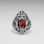 Sterling Silver Lions Grab Fancy CZ Lion Ring // Silver + Red (Size: 8)