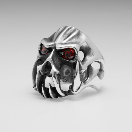 Sterling Silver Eyed Skull Ring // Silver + Green (Size: 9)
