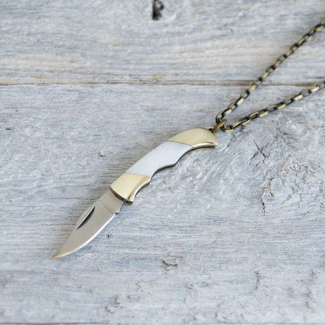 Mother of Pearl Knife + Brass Chain // White