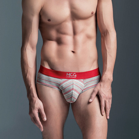 Striped Poly-Cotton Blend Briefs // Grey + Red (32)