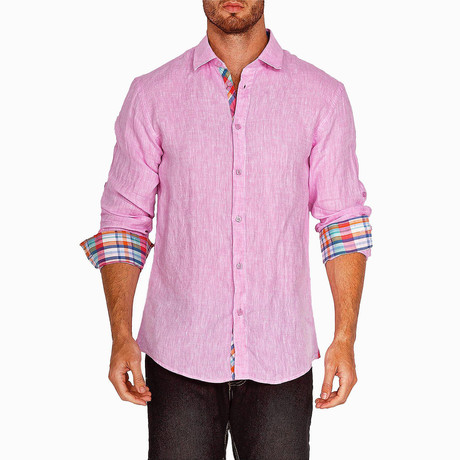 Plaid Trim Long-Sleeve Button-Up Shirt // Pink (S)
