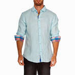 Plaid Trim Long-Sleeve Button-Up Shirt // Turquoise (M)