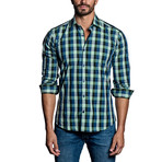 Checkered Woven Button-Up // Green + Blue (L)