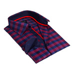 Solid Collar Oversized Plaid Button-Up Shirt // Burgundy + Navy (L)