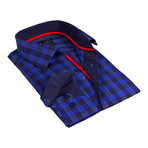 Solid Collar Oversized Plaid Button-Up Shirt // Blue + Navy (XL)