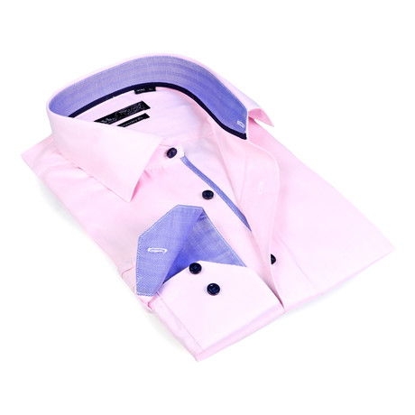 Contrast Collar Herringbone Button-Up Shirt // Pink + Blue (M)