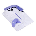 Herringbone Collar Solid Button-Up Shirt // White + Blue (L)