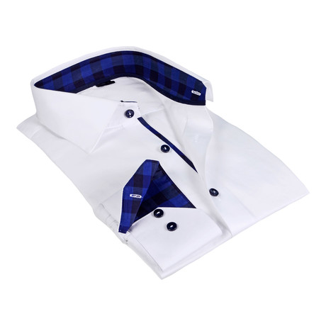 Gingham Collar Solid Button-Up Shirt // White + Navy (XL)