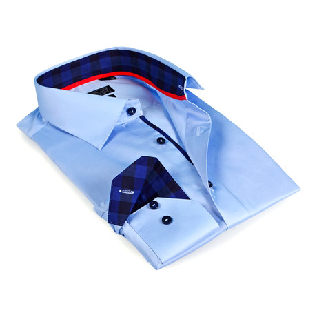 Gingham Collar Solid Button-Up Shirt // Blue + Navy (3XL)