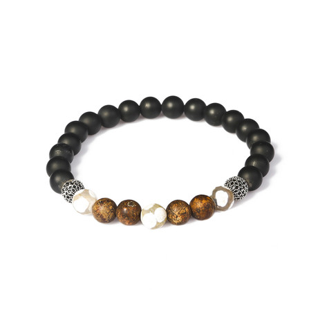 Matte Onyx + Tibetian Beaded Bracelet // Black + White + Brown (Small)
