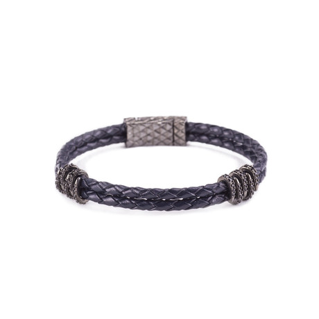 Woven Leather Silver Eagle Claw Bracelet // Navy + Black (Small)