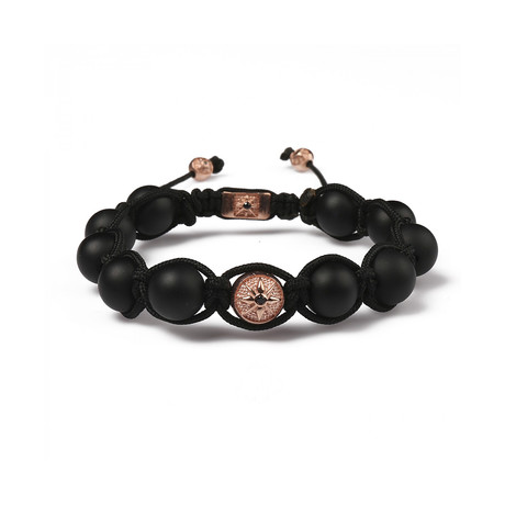 Matte Onyx Stone Tribal Beaded Bracelet // Black + Rose Gold (S)
