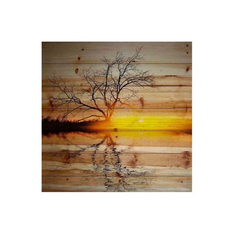 Rippling Lake Sunset Painting Print // Natural Pine Wood (18"W x 18"H x 1.5"D)