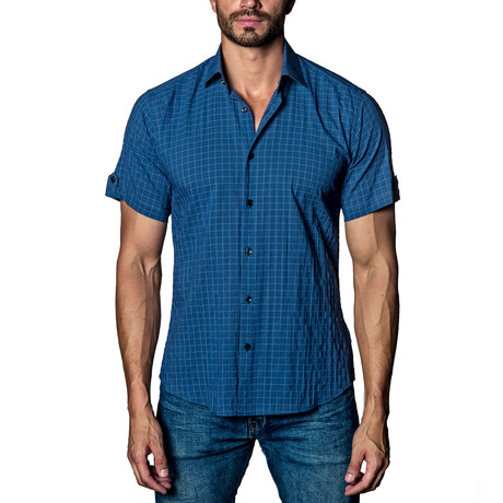 Gingham Woven Short Sleeve Button-Up Shirt // Dark Blue (S)