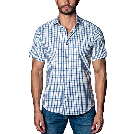 Checkered Woven Button-Up // White + Blue (S)
