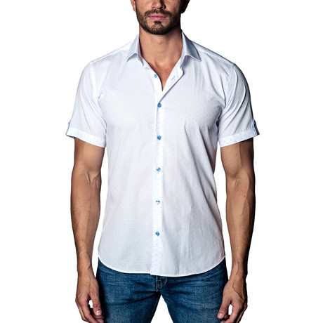 Textured Woven Short Sleeve Button-Up Shirt // White + Blue (S)