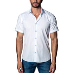 Textured Woven Short Sleeve Button-Up Shirt // White + Blue (L)